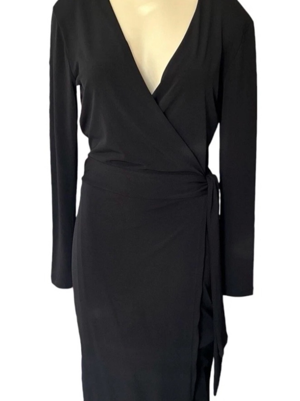 Bandolino Black Wrap-Front Long Sleeve Midi Dress